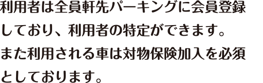 利用者は全員軒先パーキングに会員登録しており、利用者のみ特定ができます。また利用される車は対物保険加入を必須としています。